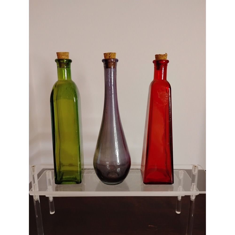 Vintage Style Colored Glass Bottles Set of 3 Jewel Tone Decorative Cork Vases